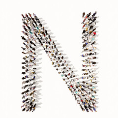 Concept or conceptual large community of people forming the font N. 3d illustration metaphor for unity and diversity, humanitarian, teamwork, cooperation, education, friendship and community