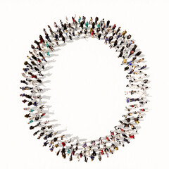Concept or conceptual large community of people forming the font O. 3d illustration metaphor for unity and diversity, humanitarian, teamwork, cooperation, education, friendship and community