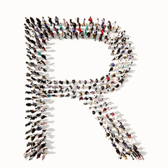 Concept or conceptual large community of people forming the font R. 3d illustration metaphor for unity and diversity, humanitarian, teamwork, cooperation, education, friendship and community
