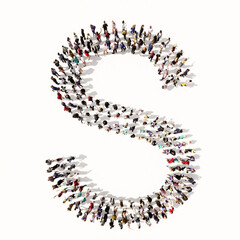 Concept or conceptual large community of people forming the font S. 3d illustration metaphor for unity and diversity, humanitarian, teamwork, cooperation, education, friendship and community