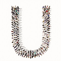 Concept or conceptual large community of people forming the font U. 3d illustration metaphor for unity and diversity, humanitarian, teamwork, cooperation, education, friendship and community © high_resolution