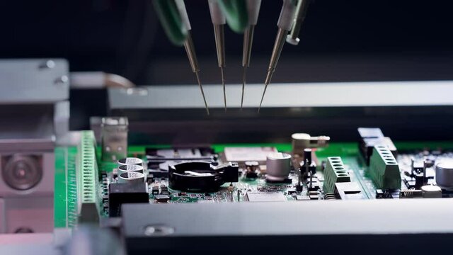 PCB Tiles Manufacturing. Automated Circut Board machine Produces Printed digital electronic board. Automatic assembly of smd components, 4 industrial revolution. Manufacture of electronic chips