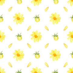 Seamless tropical flowers pattern. Botanical illustration with yellow bright flower, petal, bud
