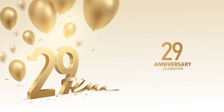 29th Anniversary celebration background. 3D Golden numbers with bent ribbon, confetti and balloons.