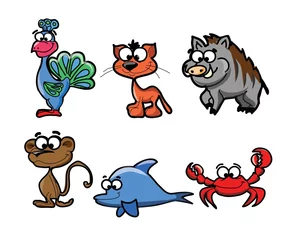 Fotobehang Collection of hipster cartoon character animals peacock, cat, monkey, dolphin, crab, boar © virinaflora