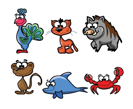 Collection of hipster cartoon character animals peacock, cat, monkey, dolphin, crab, boar