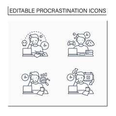 Procrastination line icons set. Laziness, brain procrastination, statistics, chronic. Overwhelmed concept. Isolated vector illustrations.Editable stroke