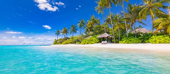 Keuken foto achterwand Bora Bora, Frans Polynesië Geweldig natuurstrandzand met palmbomen en humeurige lucht. Rustige zomervakantie reizen vakantie achtergrond concept. Eiland resort hotel paradijs strand. Luxe reizen zomervakantie achtergrond banner