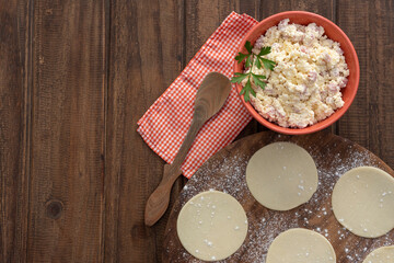 round dough caps and ricotta filling, ham and cheese in a bowl to make homemade pasta with a wooden spoon napkin squared in overhead plane