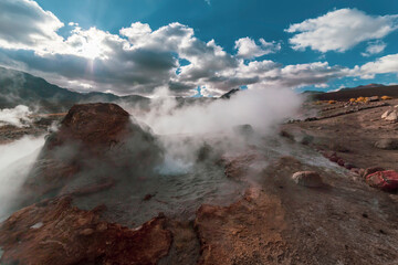 El Tatio geysers at sunrise, Atacama desert, Chile.