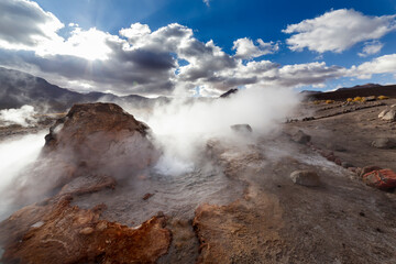 El Tatio geysers at sunrise, Atacama desert, Chile.