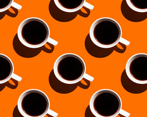 Cup of coffee on an orange background, pattern