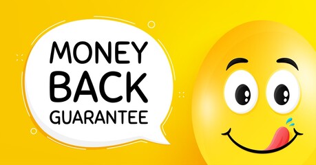 Money back guarantee. Easter egg with yummy smile face. Promo offer sign. Advertising promotion symbol. Easter smile character. Money back guarantee speech bubble. Yellow yummy egg background. Vector