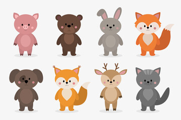 Cute animals. Pig, Bear, Rabbit, Fox, Dog, Squirrel, Deer, Cat