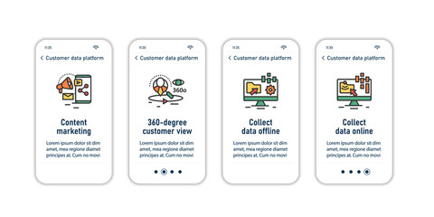 Customer data platform onboarding mobile app screens. Content marketing steps menu. Set of UI, UX, web template with RGB color linear icons