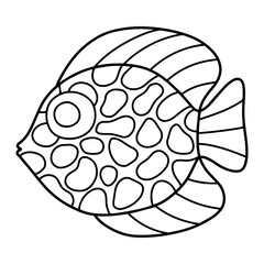 Tropical Discus fish coloring page for children stock vector illustration. Exotic aquarium fish black outline isolated on white decorative illustration. Hand-drawn linear cartoon spotted fish