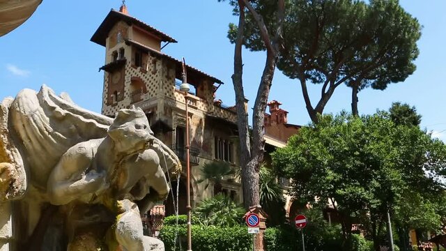 Quartiere Coppede. Rome Italy. Fontana delle Rane (Fountain of the Frogs) lead you to the main Piazza Mincio. Frescoed facades medieval are paired with Nouveau painted patterns video footage