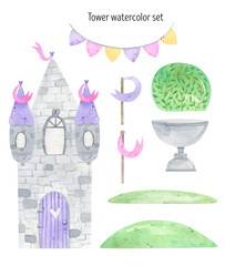 Princesstower watercolor set. Cute girl elements illustration:  flowerpot, garland, flagpole, earth, hill, bush, shrub. Character from a fairy tale. For greeting cards, invitations, decoration