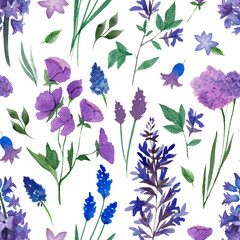 watercolor seamless pattern spring wildflowers in purple color. set of illustrations  with lilac flowers. Great for decor, design, paper, fabric, textiles, and more. lilac, lavender, violets, bells