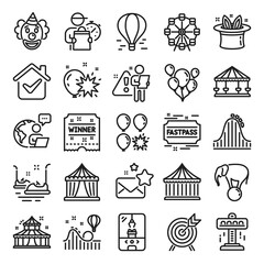 Amusement park line icons. Set of Carousel, Roller coaster and Circus icons. Air balloon, Crane claw machine and Fastpass symbols. Circus amusement park tickets. Ferris wheel carousel. Vector