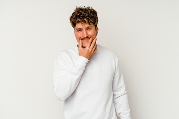 Young caucasian man isolated on white background doubting between two options.