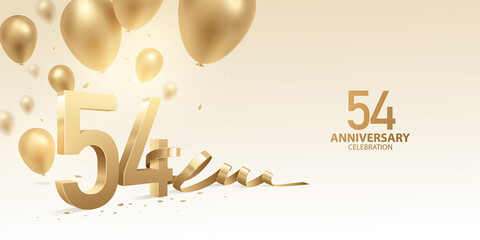 54th Anniversary celebration background. 3D Golden numbers with bent ribbon, confetti and balloons.