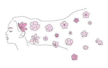 Beautiful woman with long hair and flowers. Vector line art