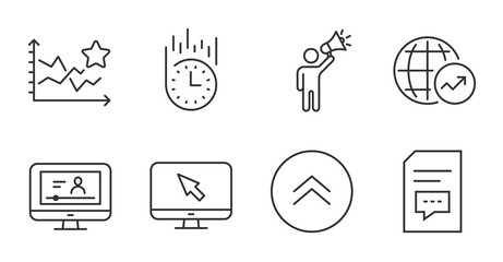 Online video, Fast delivery and World statistics line icons set. Swipe up, Brand ambassador and Internet signs. Ranking stars, Comments symbols. Video exam, Stopwatch, Global report. Vector