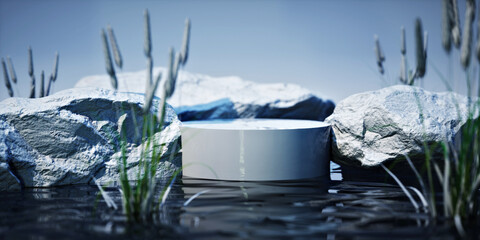 Pedestal for cosmetic brand and product advertising. Natural background, blue water and stones. 3d render