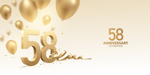 58th Anniversary celebration background. 3D Golden numbers with bent ribbon, confetti and balloons.