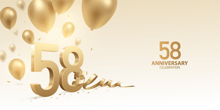 58th Anniversary celebration background. 3D Golden numbers with bent ribbon, confetti and balloons.