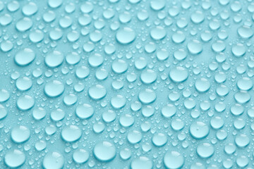 Pure water drops on turquoise abstract background or texture.