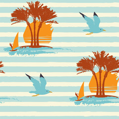 Tropical seamless pattern on the theme of sea summer holidays with silhouettes of palm trees, windsurfers and seagulls on a blue striped backdrop. Vector repeatable touristic background in retro style