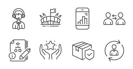 Algorithm, Shipping support and Person info line icons set. Parcel insurance, Communication and Graph phone signs. Arena, Ranking symbols. Project, Delivery manager, Refresh user data. Vector