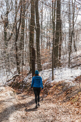 Female woman hiking in winter forest with snow and autumn color leaves  