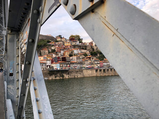 Bridge over the river Douro in Porto, Portugal. Metal bridge. 