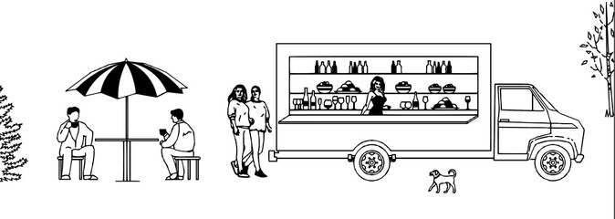 Mobile cafe. Food is sold from the car. Men eat at a table. The girls approach the counter.