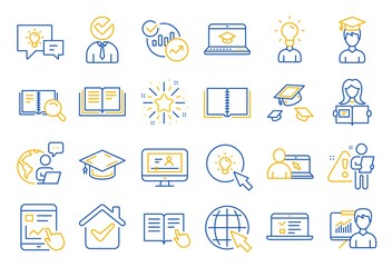 Education line icons. Laptop, Book and Video Tutorial icons. Graduation cap, Instructions and Presentation. College education or Lectures book, Charts and Idea. Laptop, video tutorial. Vector