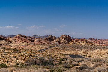 Road through the sandstone rock formations in the Valley of  Fire State Park located in Southern Nevada near Las Vegas.