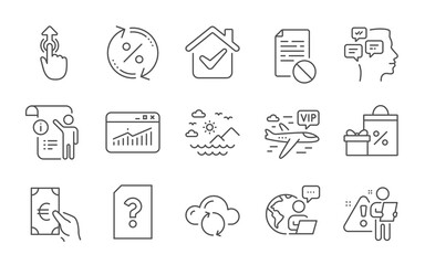 Cloud sync, Messages and Sea mountains line icons set. Vip flight, Website statistics and Finance signs. Unknown file, Loan percent and Shopping symbols. Swipe up, Manual doc and Wrong file. Vector