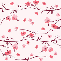 Cherry flowers flat pattern. Sakura branches on a light background. Illustration for backgrounds, wrappers, cards, textiles, prints and any of your designs. Vector illustration.