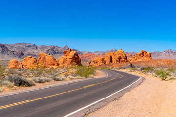 Road through the sandstone Seven Sisters rock formations in the Valley of  Fire State Park located in Southern Nevada near Las Vegas.