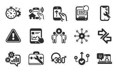 Tool case, Smartphone repair and Employees teamwork icons simple set. Correct way, Swipe up and Internet report signs. House security, Full rotation and Smile symbols. Flat icons set. Vector