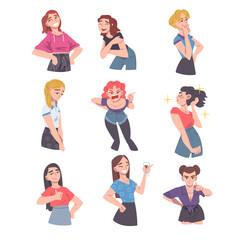 Young Women Different Emotions Set, Happy, Thoughtful, Angry, Upset Girls, Human Emotions Concept Cartoon Vector Illustration