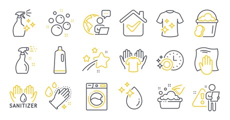 Set of Cleaning icons, such as Hand sanitizer, Clean t-shirt, Washing cloth symbols. Cleaning spray, Sponge, Clean bubbles signs. Hand washing, Shampoo, Dishwasher timer. Water drop. Vector