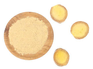 Ginger powder and ginger root slices isolated on the white background