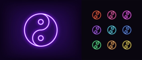 Neon yin yang icon. Glowing neon balance sign, outline yin yang Tao pictogram - obrazy, fototapety, plakaty