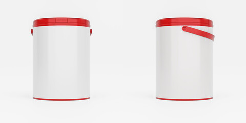 Red 1l plastic paint can / bucket / container with handle and blank label, isolated on white background. © Adam V