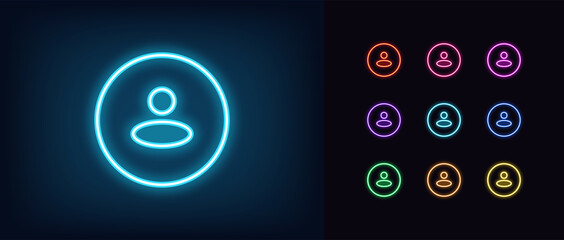 Neon user avatar icon. Glowing neon person sign, outline round avatar pictogram