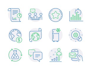 Technology icons set. Included icon as Global business, People chatting, Innovation signs. Report, Translation service, Loyalty star symbols. Refrigerator, Stats, Dots message line icons. Vector